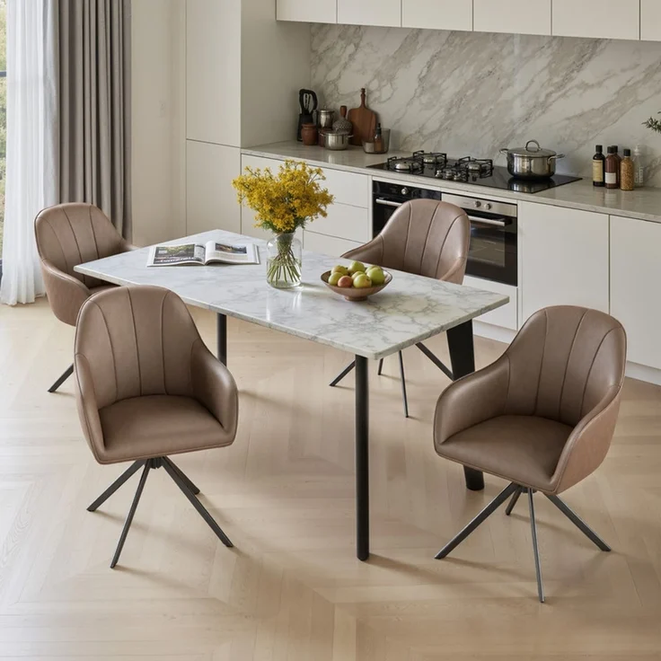 Hawthyhome 4-Fußstuhl Esszimmerstuhl drehbar mit Armlehne, 360° Drehfunktion, Kunstlederbezug, stabiles schwarzes Metallgestell, moderner Küchenstuhl für Esszimmer, Wohnzimmer, Büro & Homeoffice, Braun – Bild 1