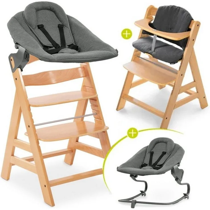 Hauck Hochstuhl Alpha Plus Natur Newborn Set, Holz Babystuhl ab Geburt inkl. Aufsatz für Neugeborene & Sitzauflage – Bild 4