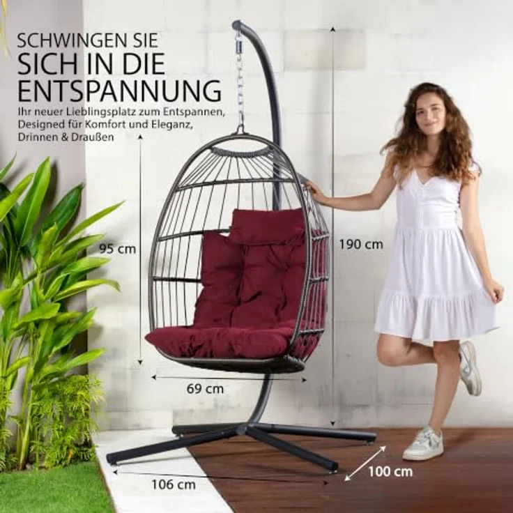 SereneLife Hängesessel mit Gestell Outdoor 250 kg – Wetterfest mit Kissen faltbar für Garten Balkon Indoor Relaxsessel Rot – Bild 3