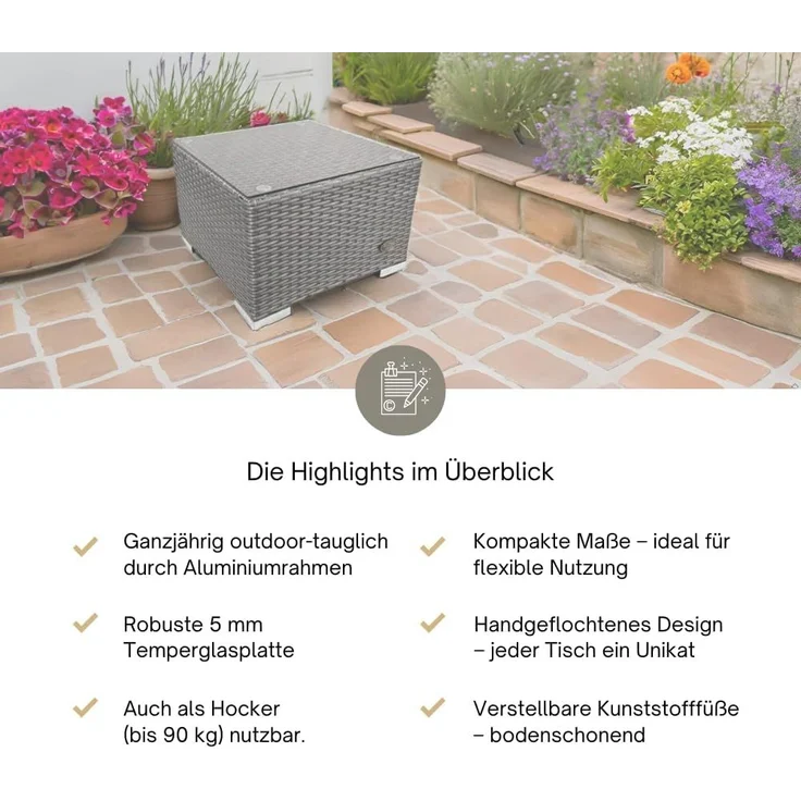 RS Trade® 'Toscana' Polyrattan Beistelltisch mit verstärktem Alu-Gerüst und Temperglas Tischplatte, mit Spannbändern und höhenverstellbaren Standfüßen, grau – Bild 5