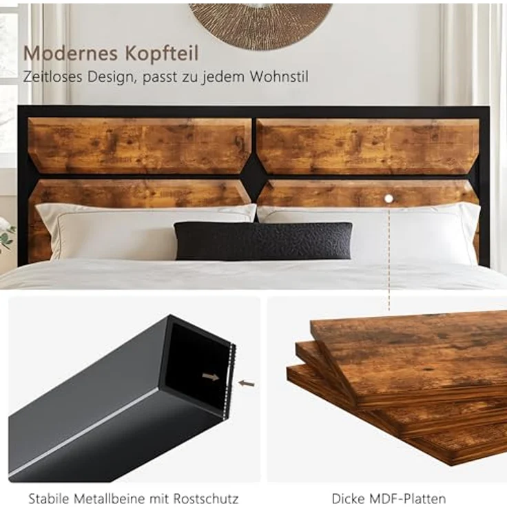 VECELO Bettgestell 140x200 cm, Metall-Holz Doppelbett mit Lattenrost, geräuschlos und stabil, mit Stauraum, einfache Montage für Schlafzimmer und Gästezimmer, Braun – Bild 4