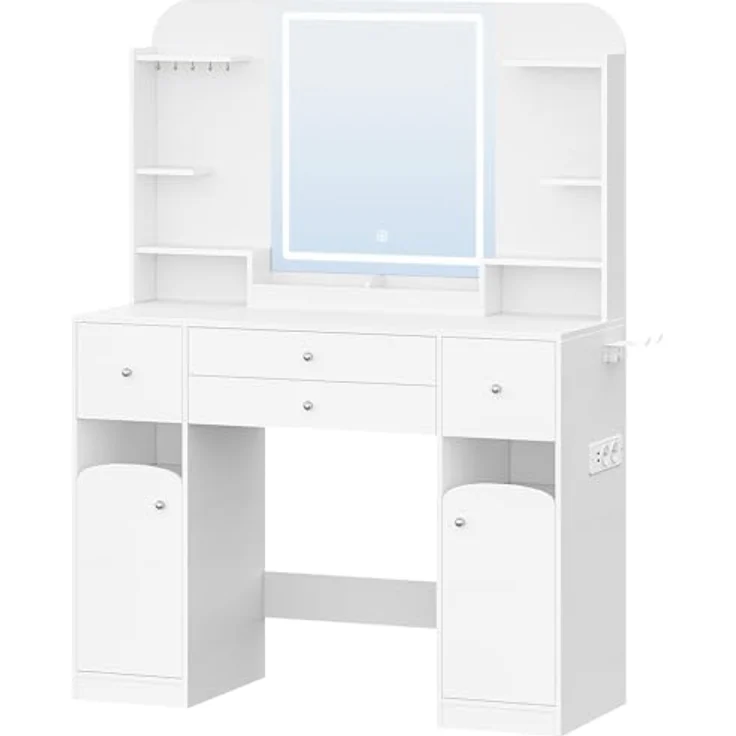 Schminktisch mit LED-Beleuchtung, mit Stecker und Föhnhalter, große Tischplatte 108 cm, Schminktisch mit 2 großen Schubladen mit Schmuckablage, 2 Schränke, 40 x 108 x 144 cm, Weiß – Bild 9