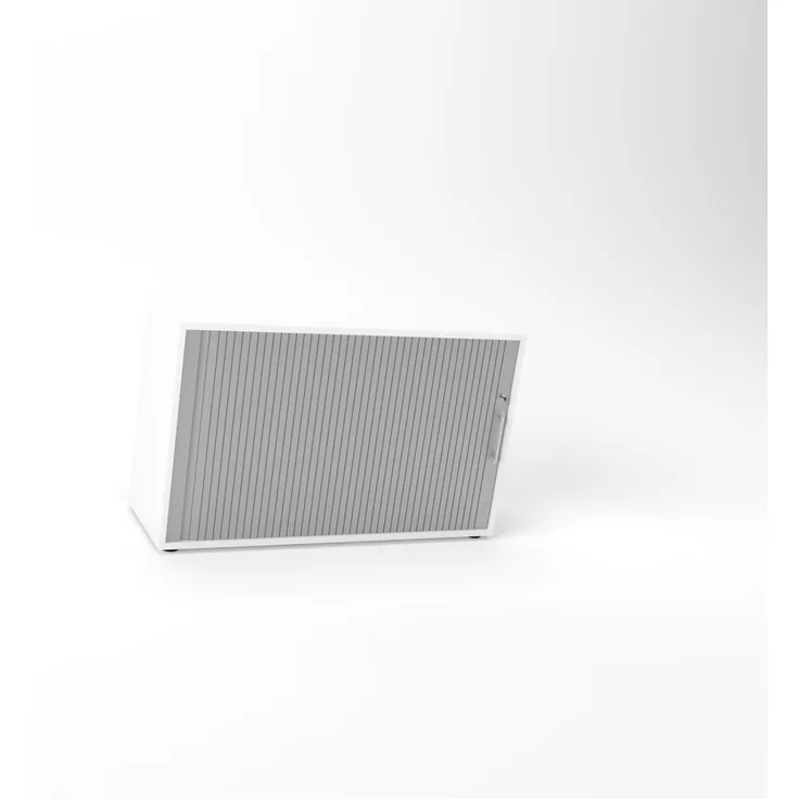 Rheinland Möbel Querrollladenschrank Rollino 120×40×75 cm – abschließbarer Rollladenschrank 2OH in Weiß/Silber mit Metall-Bogengriff