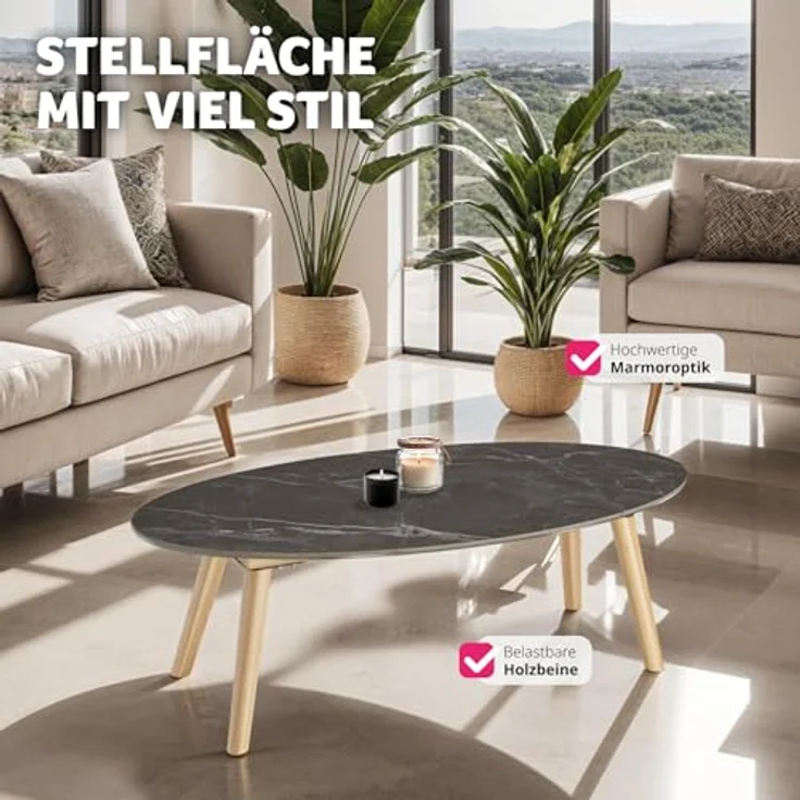 tectake Couchtisch Acerra, oval, Steinplatte in Marmoroptik, 100x50x34.5 cm, für Wohnzimmer und Terrasse – Bild 5