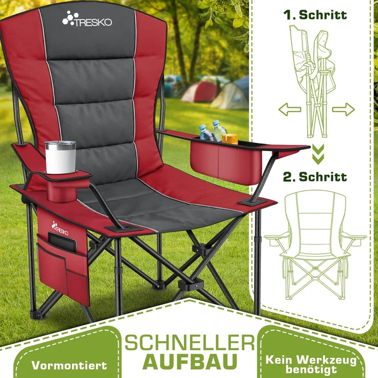 TRESKO® Campingstuhl Faltbar bis 200kg | Faltstuhl mit Kühltasche, Getränkehalter & Seitentasche | Klappstuhl XXL inkl. Tragetasche | Angelstuhl gepolstert für Outdoor, Angeln, Festival & Garten – Bild 3