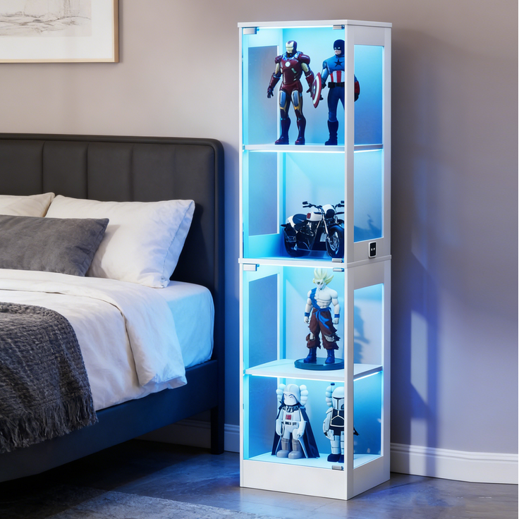 DESVIAE Vitrine mit LED-Beleuchtung und Bewegungssensor 40x165x35 cm MDF Glas Weiß