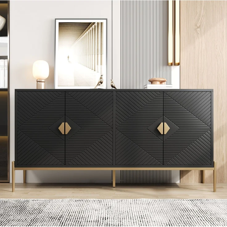 DESVIAE Sideboard mit 4 Türen und geometrischem Muster 162x80x40 cm MDF/Spanplatte Schwarz – Bild 3