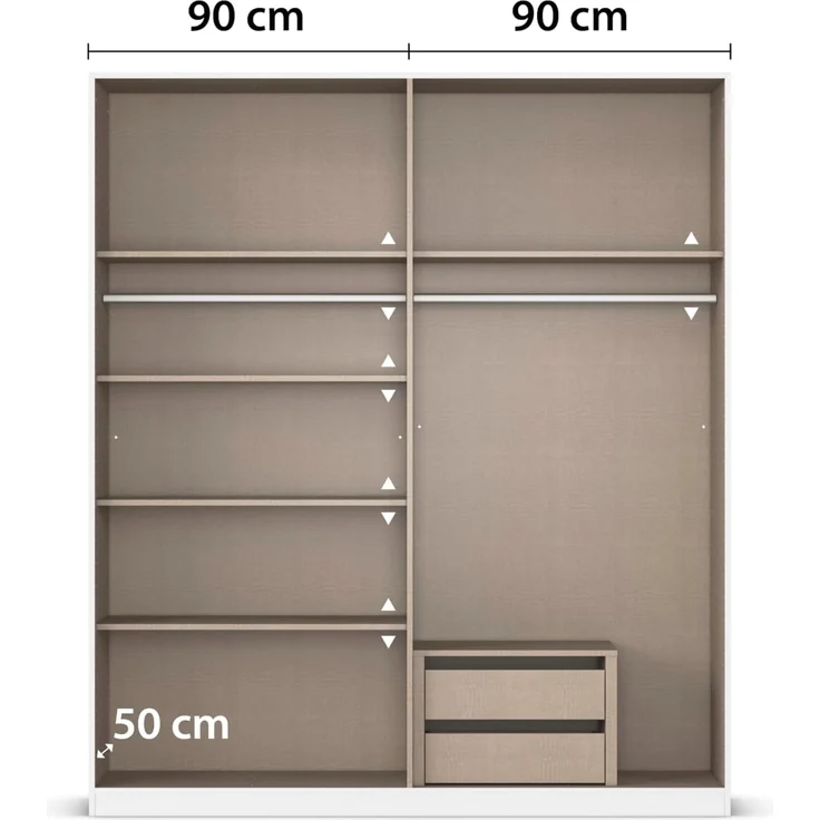 Rauch Möbel Alabama, Kleiderschrank, Garderobe, 4-türig, Spiegel, Zubehör Premium, 2 Kleiderstangen, 5 Einlegeböden, Schubladeneinsatz, Farbe Eiche Artisan, Holz, Griff Grau metallic, 181 x 210 x 54 cm – Bild 8