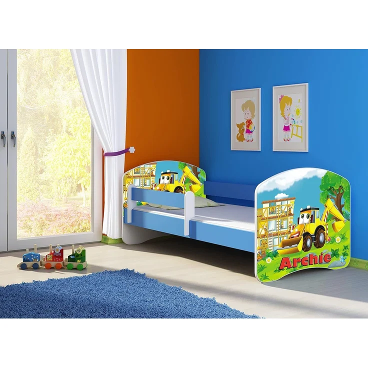 ACMA Kinderbett Jugendbett mit Einer Schublade und Matratze Blau mit Rausfallschutz Lattenrost II 140x70 160x80 180x80 (20 Bagger, 140x70) – Bild 4