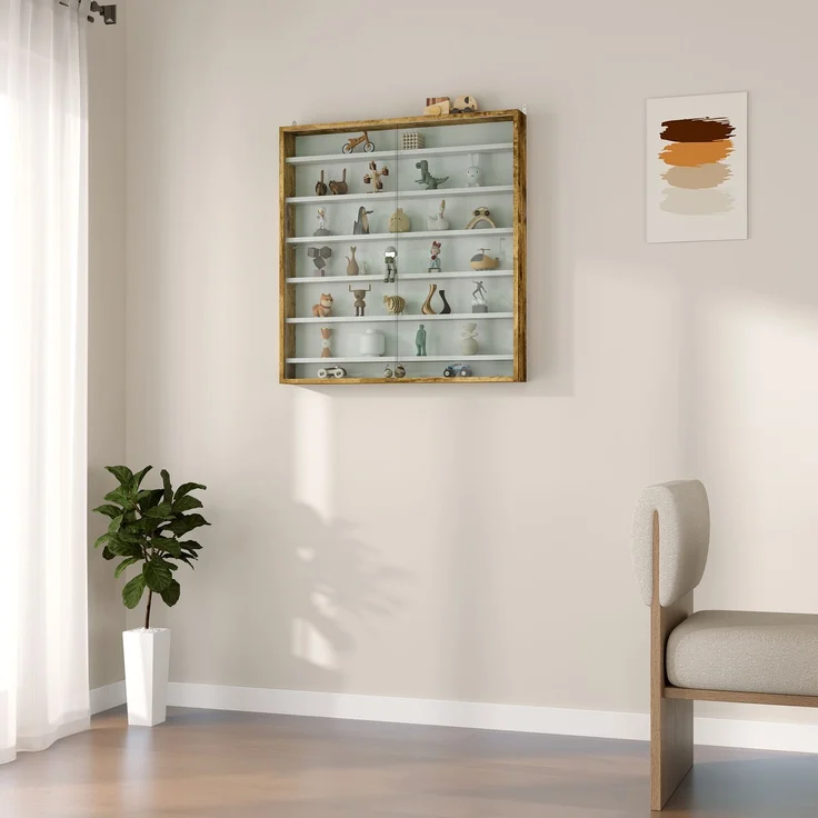 Wandvitrine für Sammlerstücke, 80 x 9,5 x 83 cm, 6 höhenverstellbare Böden, 2 Glasschiebetüren – Bild 10