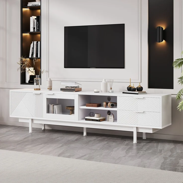 TV-Schrank Weiß 200 x 40 x 50,5 cm, modernes Lowboard für 80-Zoll Fernseher, Sideboard mit 2 Türen 2 Schubladen, 3-Schicht-Ablage – Bild 4
