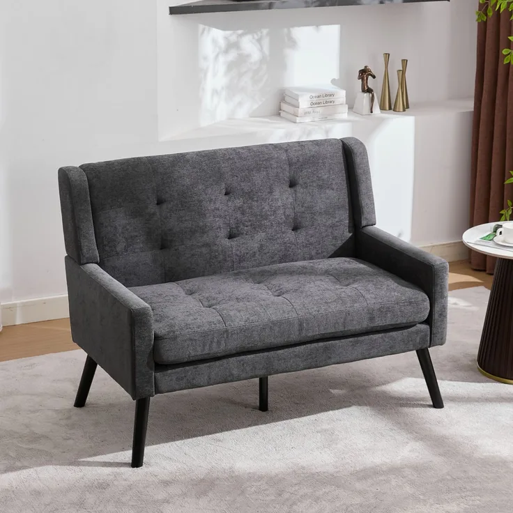 LVHOM 2-Sitzer Sofa aus Leinenstoff mit Knopfsteppung, Loveseat mit hochdichter Schaumstoffpolsterung und Massivholzbeinen, Stoffsofa für Wohnzimmer & Büro, bis 260kg, Dunkelgrau