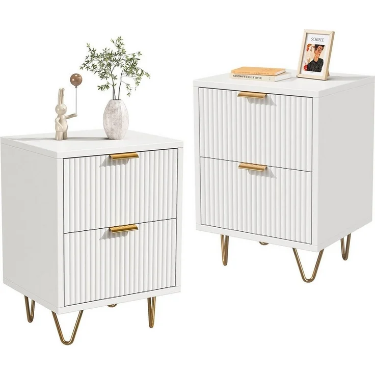 FUROKOY Nachttisch 2er set Nachtschrank mit Schubladen, Beistelltisch mit Metallbeine (Weiß Sofatisch Beistelltisch mit 2 Schubladen), Schubladenschrank für Schlafzimmer Flur Wohnzimmer, 40 x 40 x 55 cm – Bild 5
