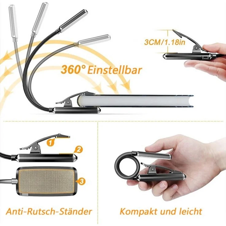 TUWENA LED Leselampe Leselampe Buch Klemme,Wiederaufladbare Buchlampe,Helligkeit Klemmlampe, 360° Flexibel Buchlampe mit 9 LEDs, 3 Farbtemperatur Modi für Bett – Bild 4