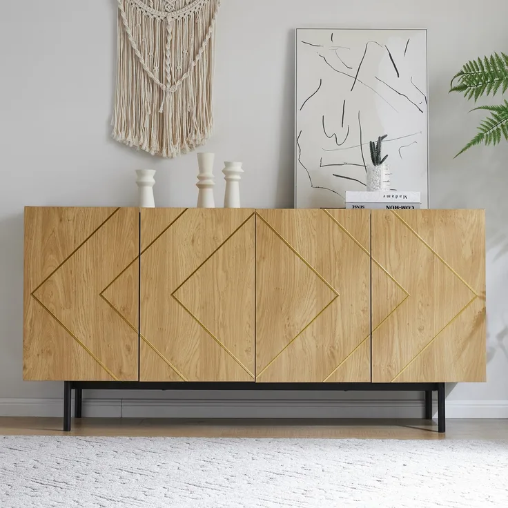 Sideboard 160x40x78 cm, Naturholz, mit 4 Türen & Metall-Inlay