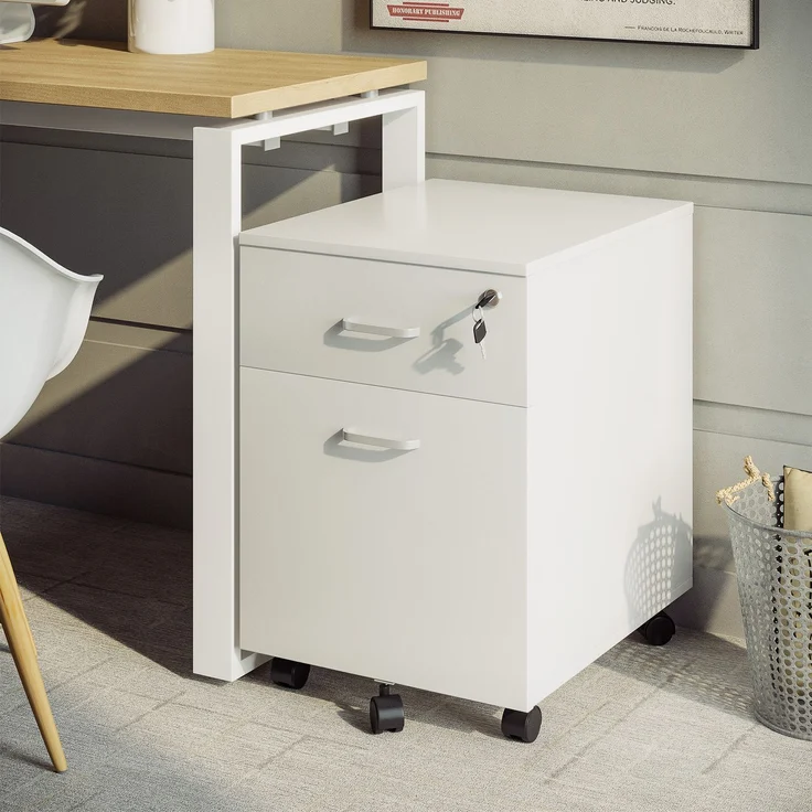 Bürokommode mit 2 Schubladen mit Schloss und 5 Rollen, 40.0×49.0×58.0cm, Weiß, MELAYR – Bild 3