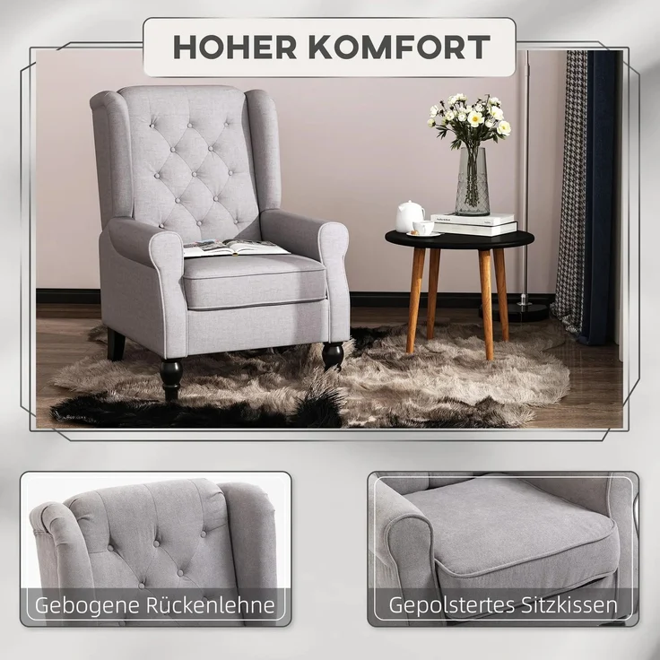 EINHOM Einzelsessel Relaxsessel Ohrensessel 74 x 86 x 102 cm, Akzentsessel mit Tufting, Holzfüße, Polyester Grau, stilvoller Komfort für Ihr Zuhause – Bild 5