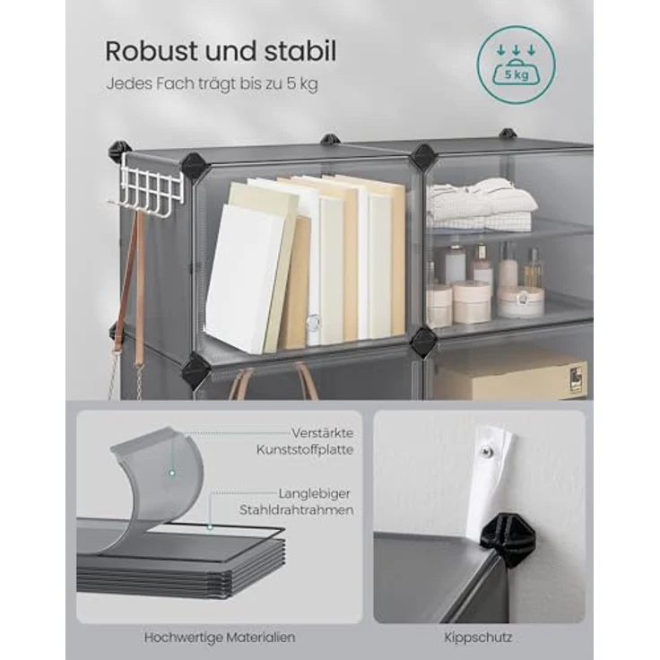 SONGMICS Schuhregal mit 6 Fächern, Schuhschrank, 30 x 40 x 30 cm pro Fach, schmal, mit Türen, Stahlrahmen, Kunststoff, für Flur, Schlafzimmer, Eingangsbereich, schiefergrau LPC033G01 – Bild 8