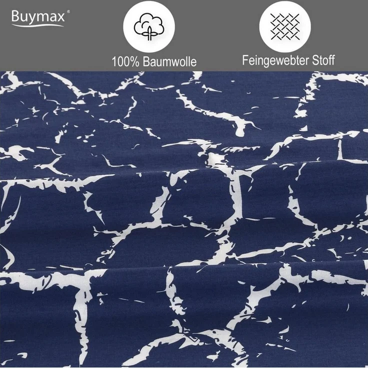 Buymax Bettwäsche, Renforce: 100% Baumwolle, 3 teilig, 200x220 cm, mit Reißverschluss, Muster Marmor, Dunkelblau, Weiß – Bild 2