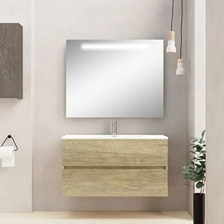 Baikal Badezimmerschrank, Zwei Schubladen, Wandmontage, mit Waschbecken, Melamin 16, montiert, Möbel 100 cm, Natur, mit Spiegel mit LED-Licht – Bild 3