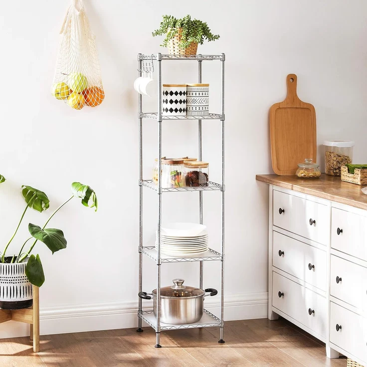Songmics Badezimmerregal, Standregal, Metallregal, bis 100 kg belastbar, mit 5 PP-Platten, abnehmbare Haken, 30 x 30 x 123,5 cm, erweiterbar, für kleine Räume, silbern-transparent LGR023S01 – Bild 4
