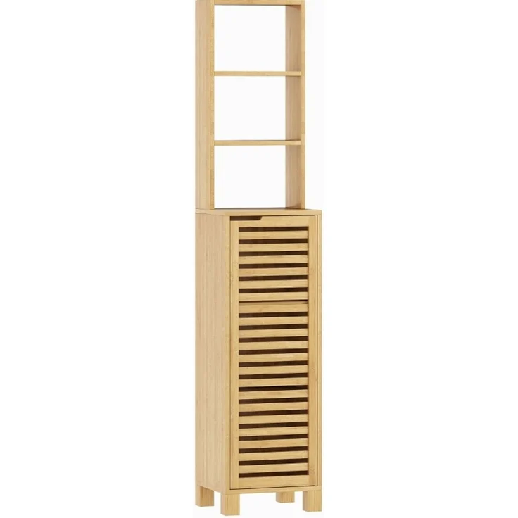 Badezimmerschrank 34 x 30 x 170 cm aus Bambus mit Lamellentür und verstellbaren Böden – Bild 5