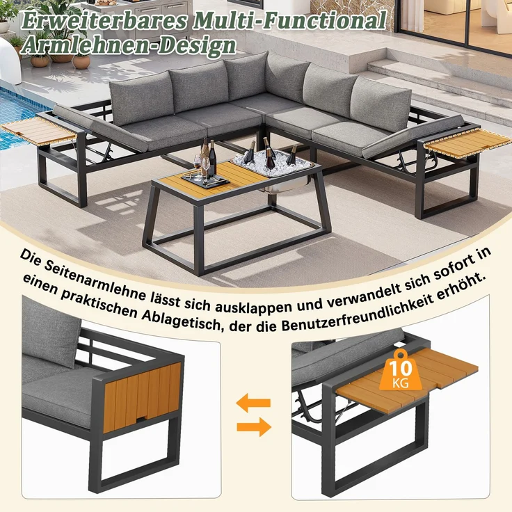Merax Gartenmöbel-Set, Garten-Lounge-Set für 7 Personen, Outdoor-Sofa-Set mit verstellbarer Rückenlehne, ausklappbaren Armlehnen und Metall-Eisbehälter, Grau – Bild 7
