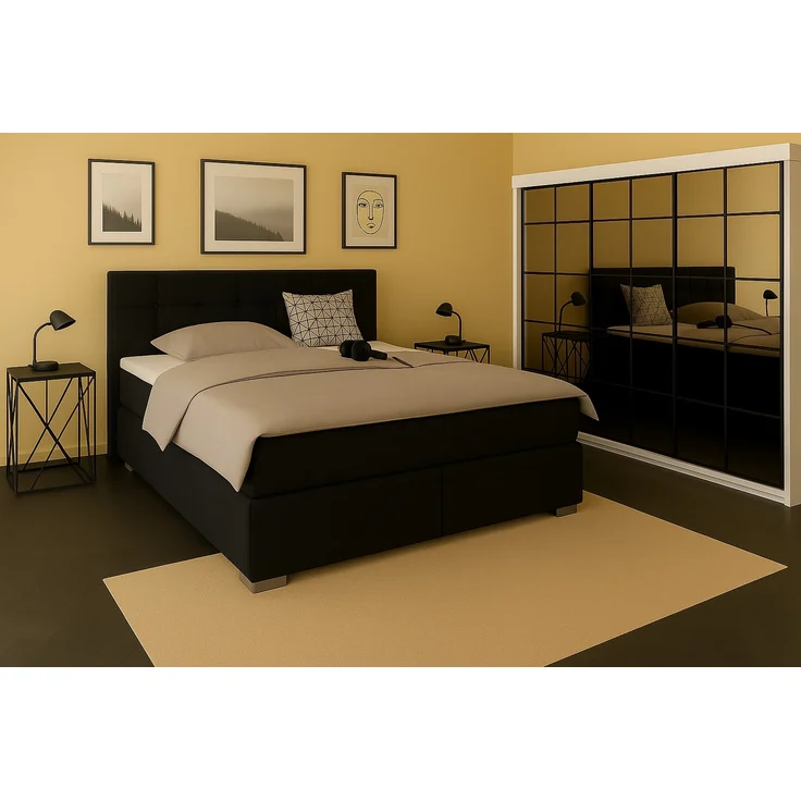 Boxspringbett TOM 160x200 cm mit Matratze und gepolstertem Kopfteil. Farbe Schwarz – Bild 1