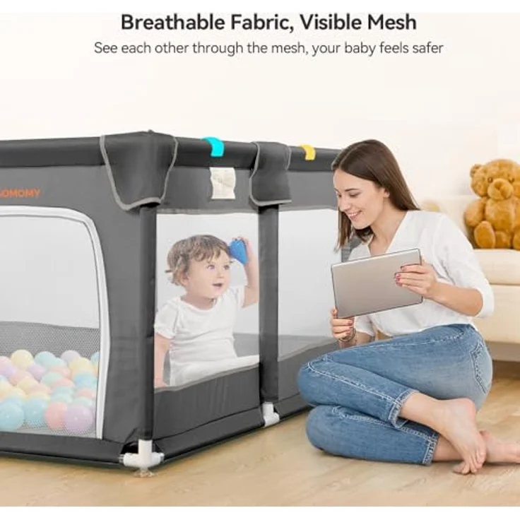 COMOMY Laufstall Baby, 127x127 cm Laufgitter Baby Sicherheitsbereich Schutzgitter für Kinder mit Weichem Netz, Rutschfestem Oxford Bottom (Grau) – Bild 6