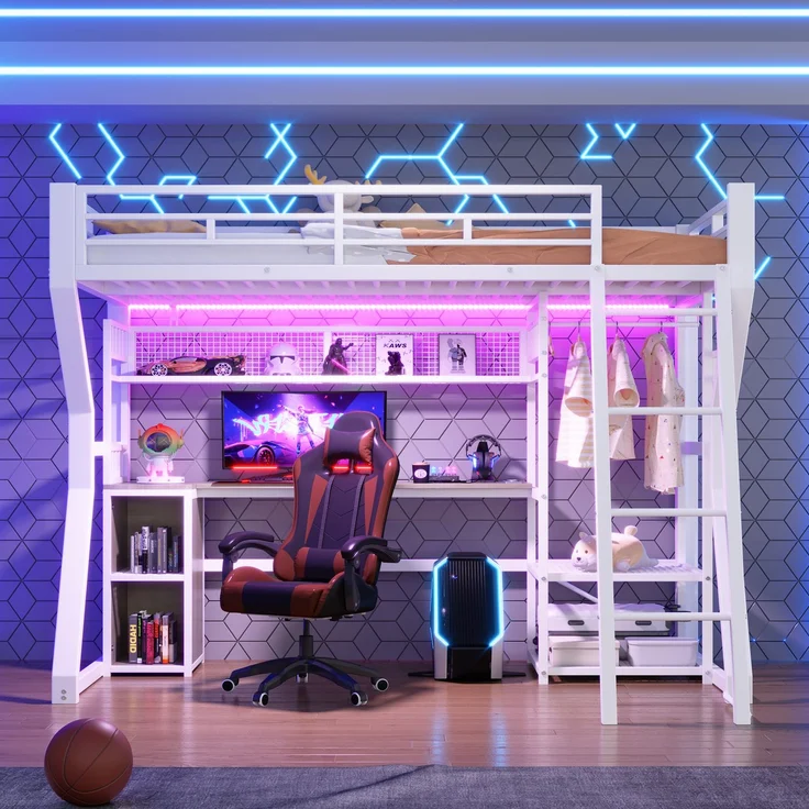 Hochbett 90x200 cm mit Eisenrahmen, LED-Lichtleiste, Steckdose, Kleideraufhängung, Schreibtisch und Staufächern, Weiß – Bild 4