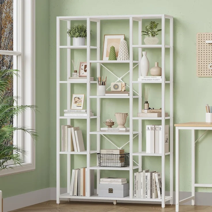 Bücherregal, Standregal mit 6 Ebenen 15 Ablagen, Verstellbare offene Ablagen, für Wohnzimmer, Büro, Schlafzimmer, 30 x 100 x 170cm, Weiß – Bild 1