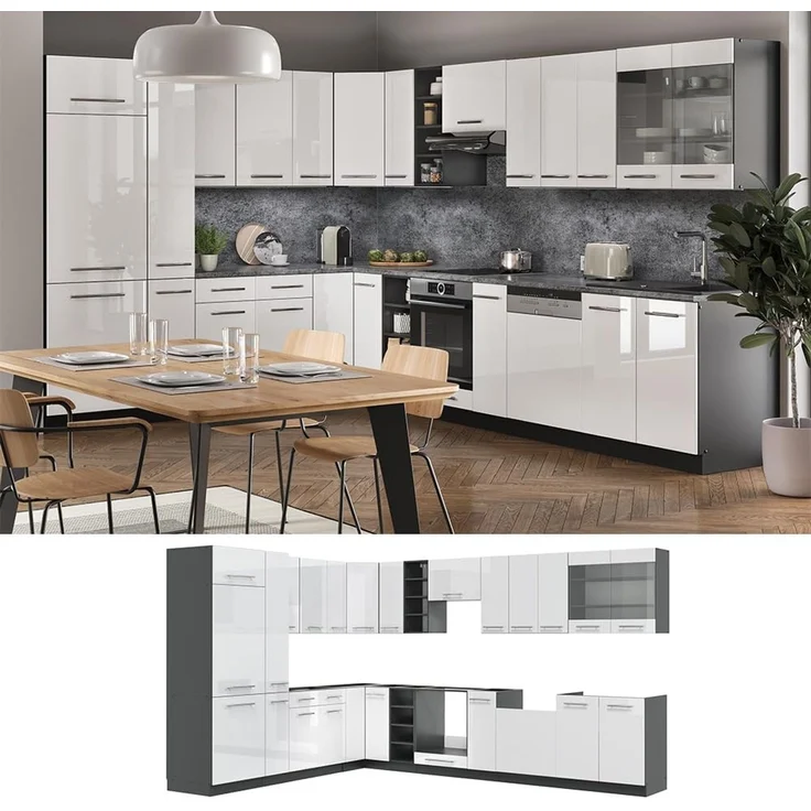 Eckküche Fame-Line Weiß Hochglanz/Anthrazit 347 x 257 cm, AP Eiche Vicco – Bild 6