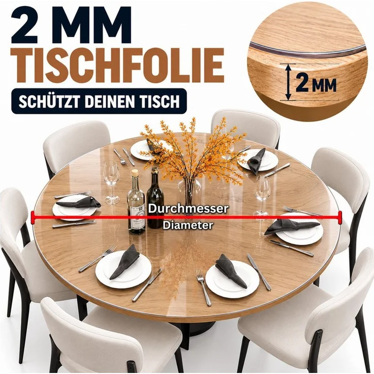 ICQN Tischdecke Runde PVC Tischschutzfolie 2 mm, transparent, kratzfest & hitzefest – Bild 2