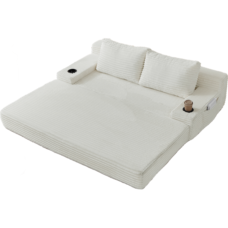 Schlafsofa aus Cord, 2-in-1 mit Getränkehaltern und Seitentaschen, 180x85x62 cm, Beige – Bild 4