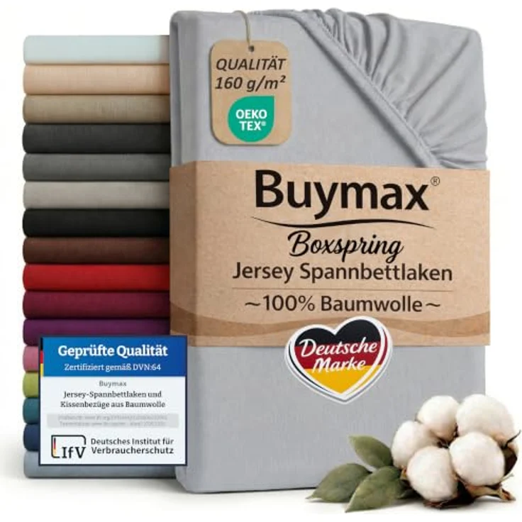 Buymax Spannbettlaken Boxspringbett 180x200-200x220 cm, 100% Baumwolle Jersey, 160 g/m², Oeko-TEX, Silber, für hohe Matratzen – Bild 1