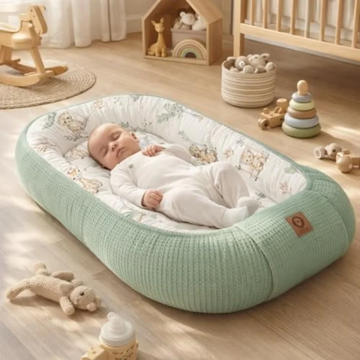 Babynestchen Neugeborene – Nestchen Baby aus Waffel Baumwolle & Baumwollstoff – Babynest für Babybett & Kinderbett – Baby Kokon Tragbar – OEKO-TEX – Zubehör für Babybett - Schaukeln und Mint – Bild 2