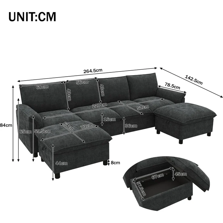 Merax U-förmiges modulares Sofa, bequemes Ecksofa mit Deep-Seat-Design, mit 2 beweglichen Fußhockern, hohe Rückenlehne, Chenille, Schwarz, B264.5/D142.5/H84 – Bild 4