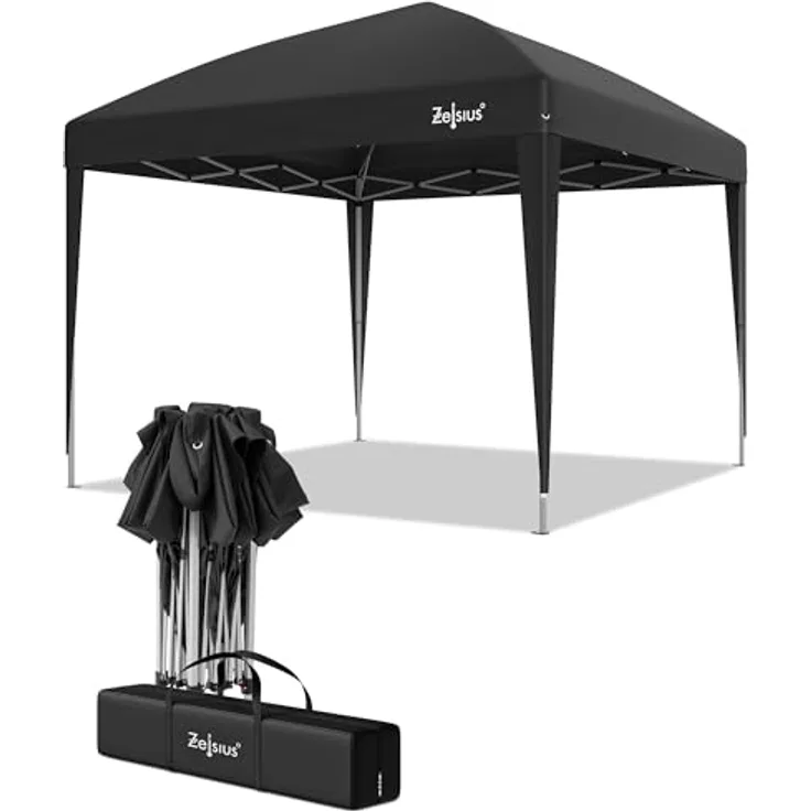 Zelsius Faltbarer Pavillon 3x3 m, Schwarz, UV30 Schutz, wasserabweisend, klappbar mit Tragetasche, ideal für Garten und Veranstaltungen
