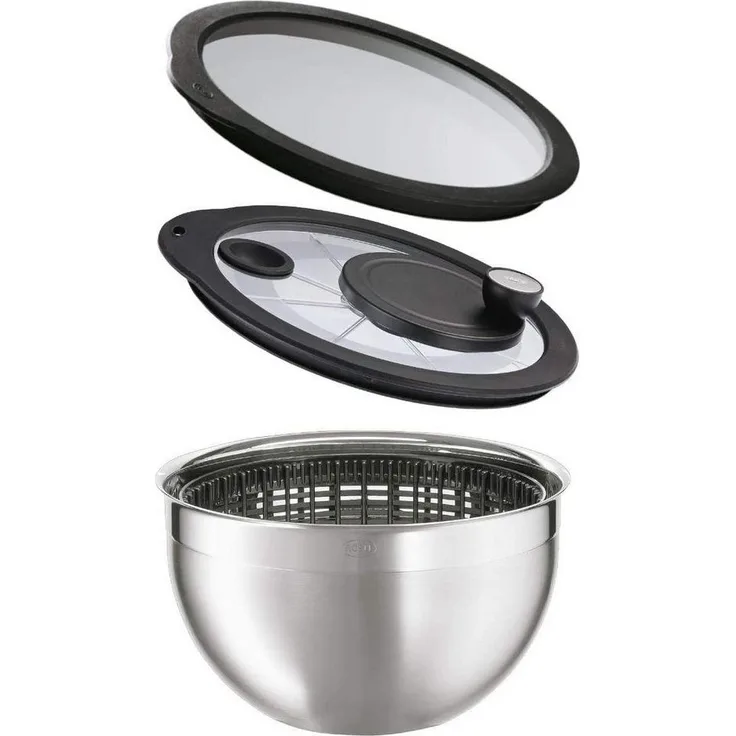 RÖSLE Salatschleuder incl. Glasdeckel und Frischhaltedeckel Edelstahl