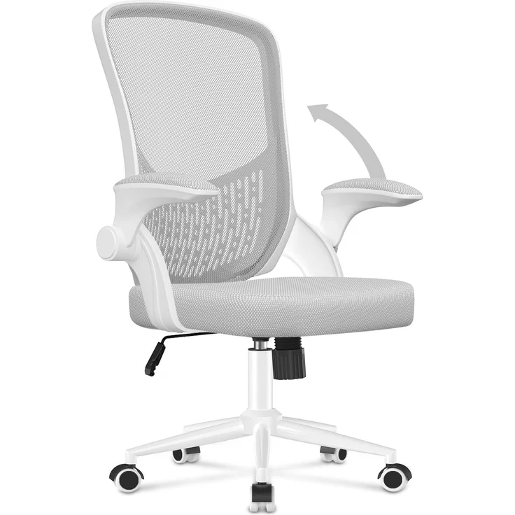 naspaluro Ergonomischer Bürostuhl, Schreibtischstuhl mit klappbaren Armlehnen, höhenverstellbar, Neigefunktion, atmungsaktive Rückenlehne, Drehstuhl 360°, weiß-grau