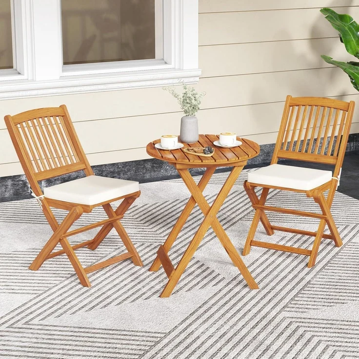3tlg. Gartenmöbel Set Akazienholz klappbar Rundtisch 2 Stühle Kissen Beige – Bild 7