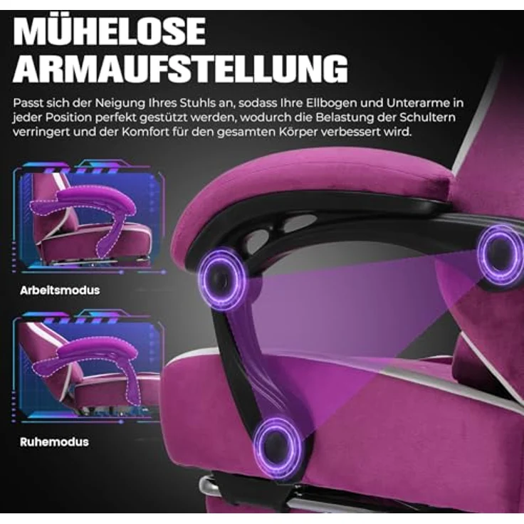 GTPLAYER Gaming Stuhl Ergonomischer, PC Stuhl Atmungsaktiver Stoff, Groß und Hoch Drehbarer Schreibtischstuhl mit Fußstütze,Verstellbare Lendenwirbelstütze und Kopfstütze,Lila – Bild 7