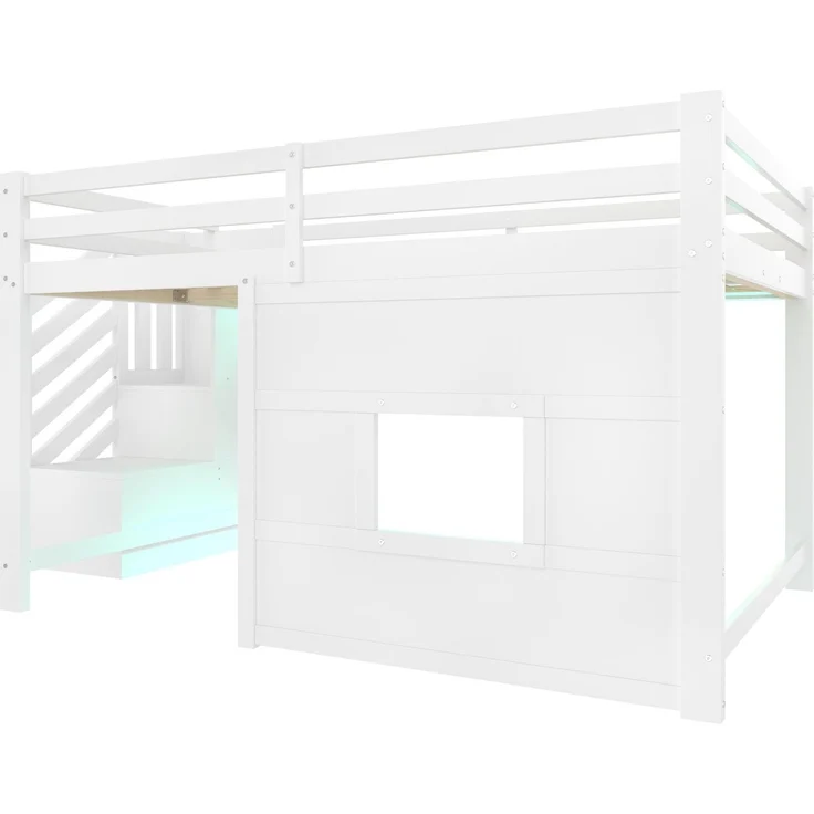 Hochbett mit Lattenrost und LED-Beleuchtung, 140x200 cm, Treppe mit Regal, Kinderbett mit Rausfallschutz, Spielbett, Kiefer – Bild 6