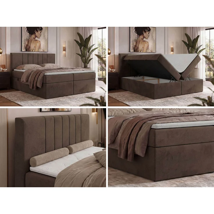Boxspringbett INERO 160 x 200 mit Matratze H4 und Topper T25, 7-Zonen-Multipocket-Kern, zwei Bettkästen, Doppelbett, gepolstert Kopfteil - Braun Velvet – Bild 2