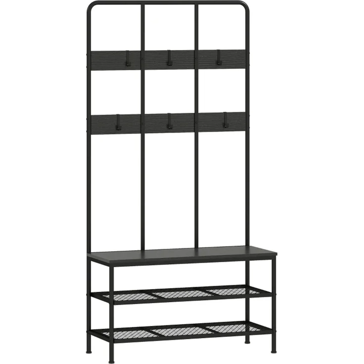 Garderobenständer 104x42,5x18 cm mit Sitzbank, 6 Haken und 2-Ebenen-Schuhregal, Schwarz – Bild 7