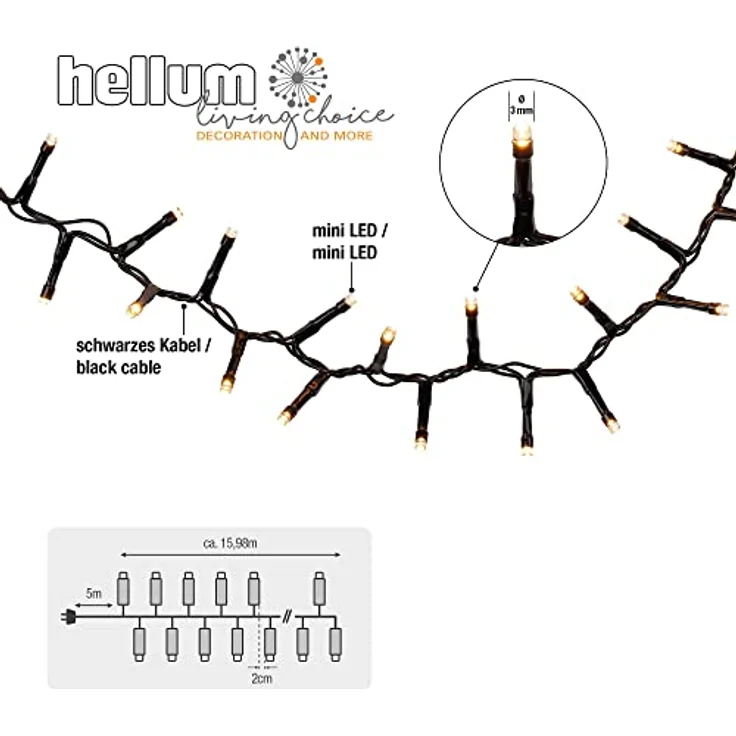 hellum LED Lichterkette außen Cluster, 15,98m 800 LED Cluster Lichterkette warmweiß mit Timer, Strombetrieben indoor & outdoor, Weihnachtsbaumbeleuchtung mit Kabel – Bild 4