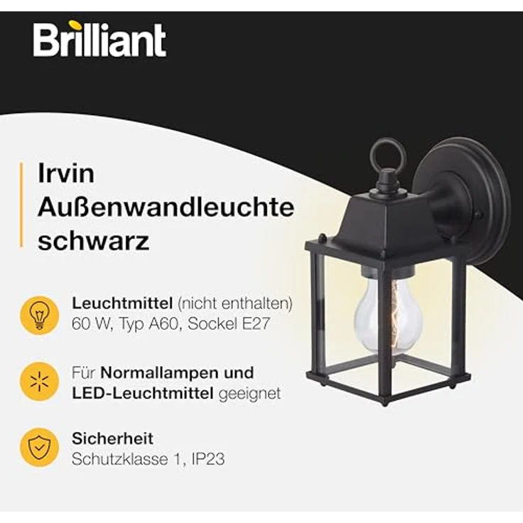 BRILLIANT Irvin Außenwandleuchte Schwarz, wetterfeste hängende Wandlampe mit IP23, E27 Fassung für LED-Leuchtmittel, Metall/Glas für Hauswand, Terrasse & Garten – Bild 2