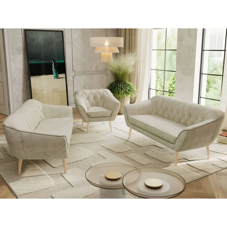 Wohnzimmerset, Möbelset PIRS 3-3-1, Armlehnen, Wellenfederung, Buche Füße, Dreisitzer Sofas mit Sessel, Polstermöbel Set - Beige Velvet – Bild 4
