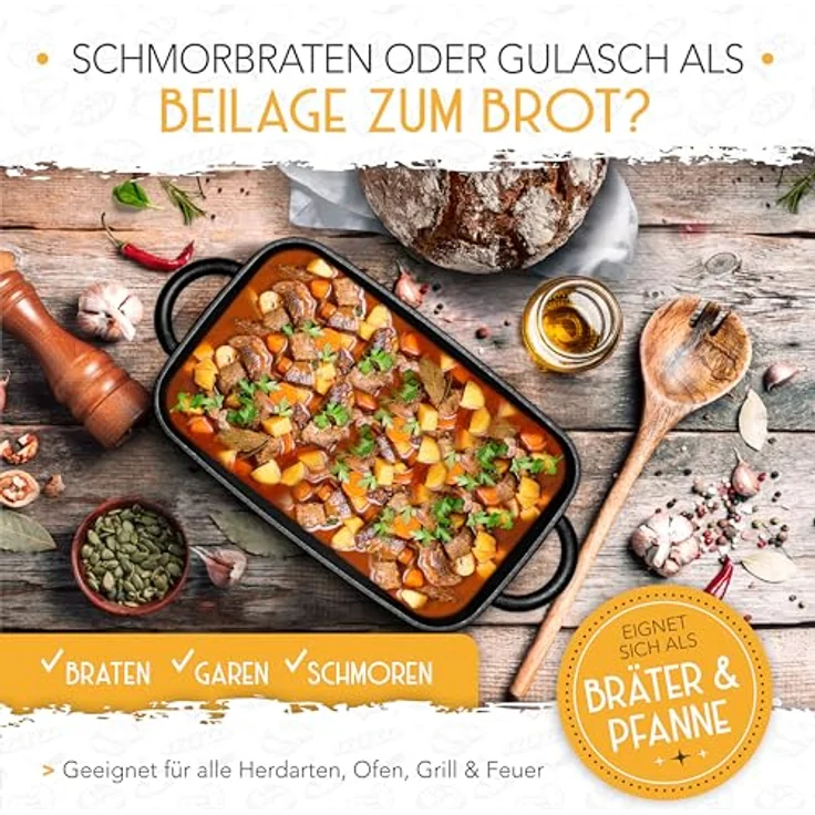 Krustenzauber Brotbackform 30cm Gusseisen Bräter mit Deckel backofengeeignet inkl. Gärkorb, (eckiger Topf Brot Backen - Ideal als Ofenform), Induktion, Brotbacktopf, Zubehör – Bild 7