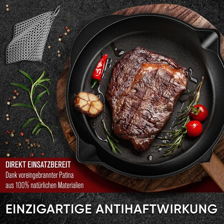 Feuerpfanne Ø 26 cm aus Gusseisen – mit Ledergriff & Ringreiniger, hitzebeständig bis 300 °C, für Grill, Induktion & Lagerfeuer – Bild 7